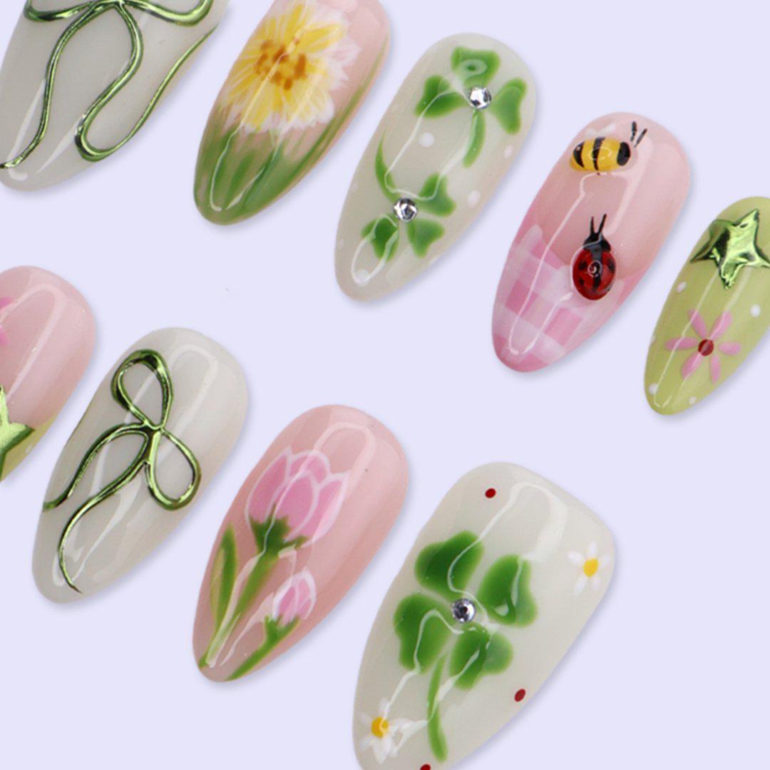 Green and Pink Garden Press On Nails with Clovers, Flowers, Bees, and Ladybugs