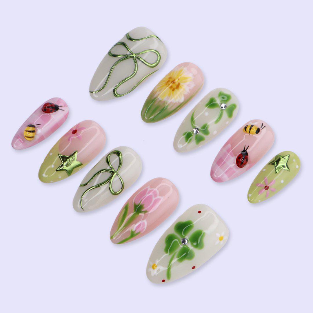 Green and Pink Garden Press On Nails with Clovers, Flowers, Bees, and Ladybugs