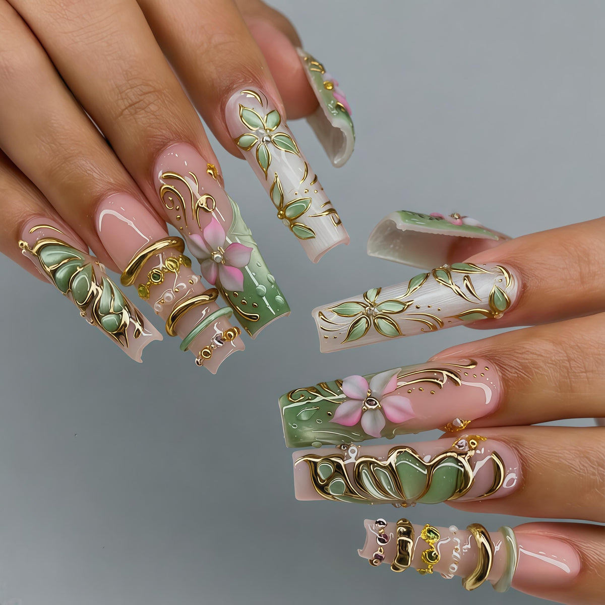 Green and White Floral Butterfly Nails with Raised Pink Flowers and Gold Accents