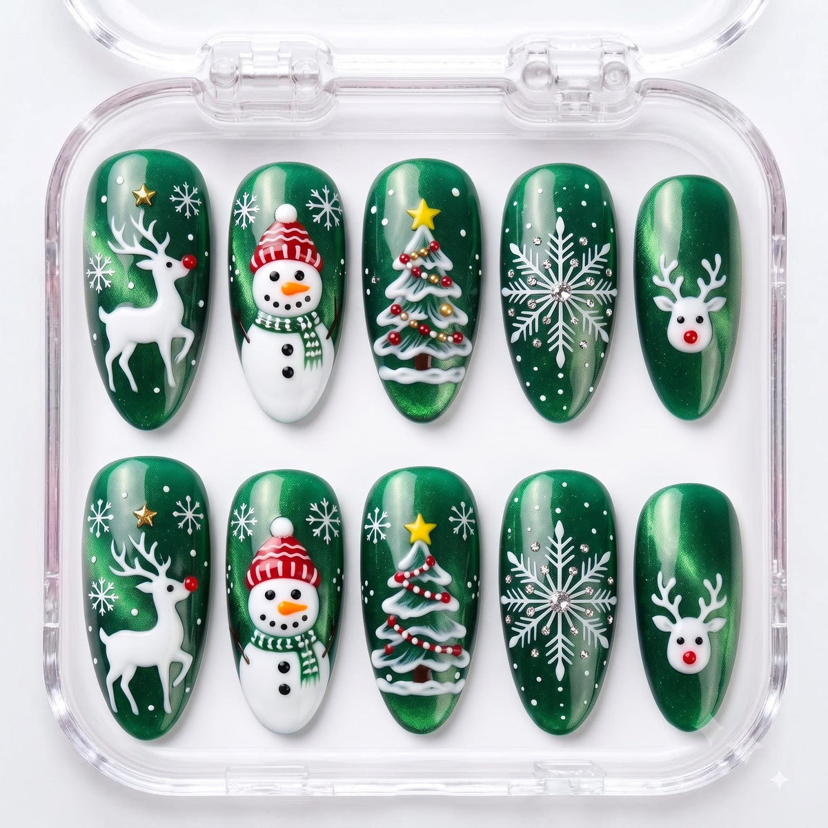 Green Cat Eye Christmas Nails With Snowmen, Reindeer, Trees, and Snowflakes