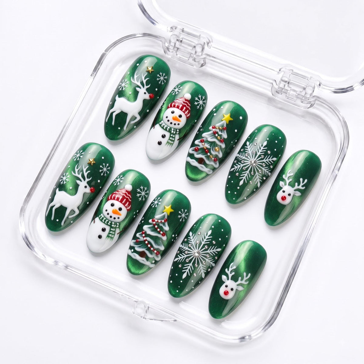Green Cat Eye Christmas Nails With Snowmen, Reindeer, Trees, and Snowflakes