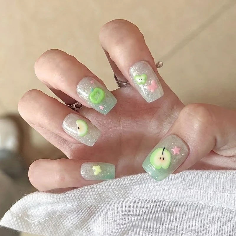 Green Cat-Eye Glitter Nail Set With Apple, Butterfly, and Star Details