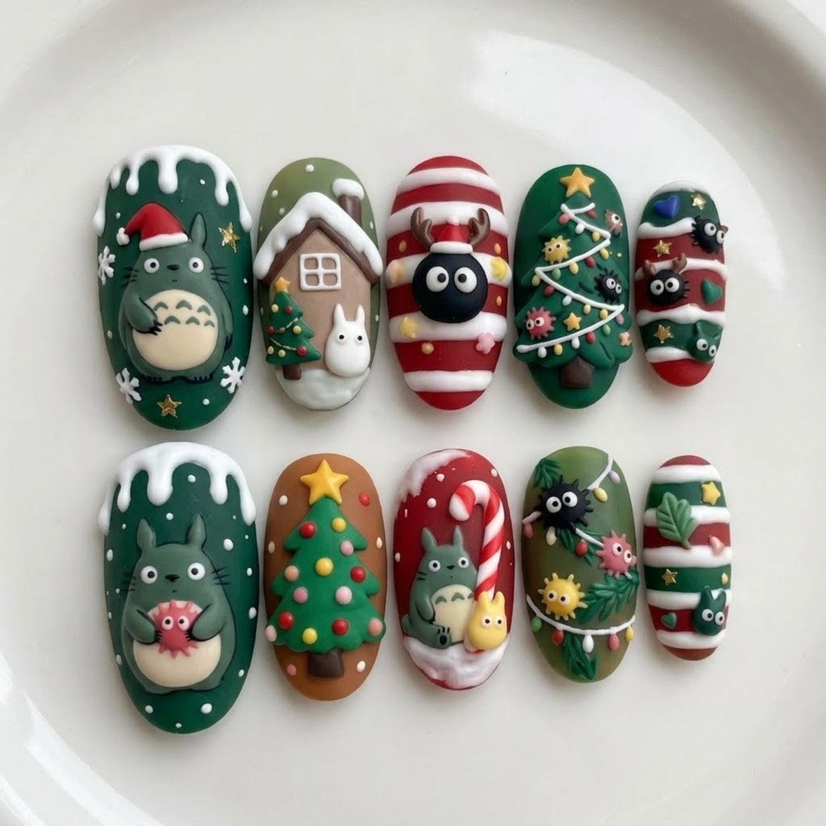 Green Christmas Character Press On Nails With 3D Trees, Candy Canes, and Snow