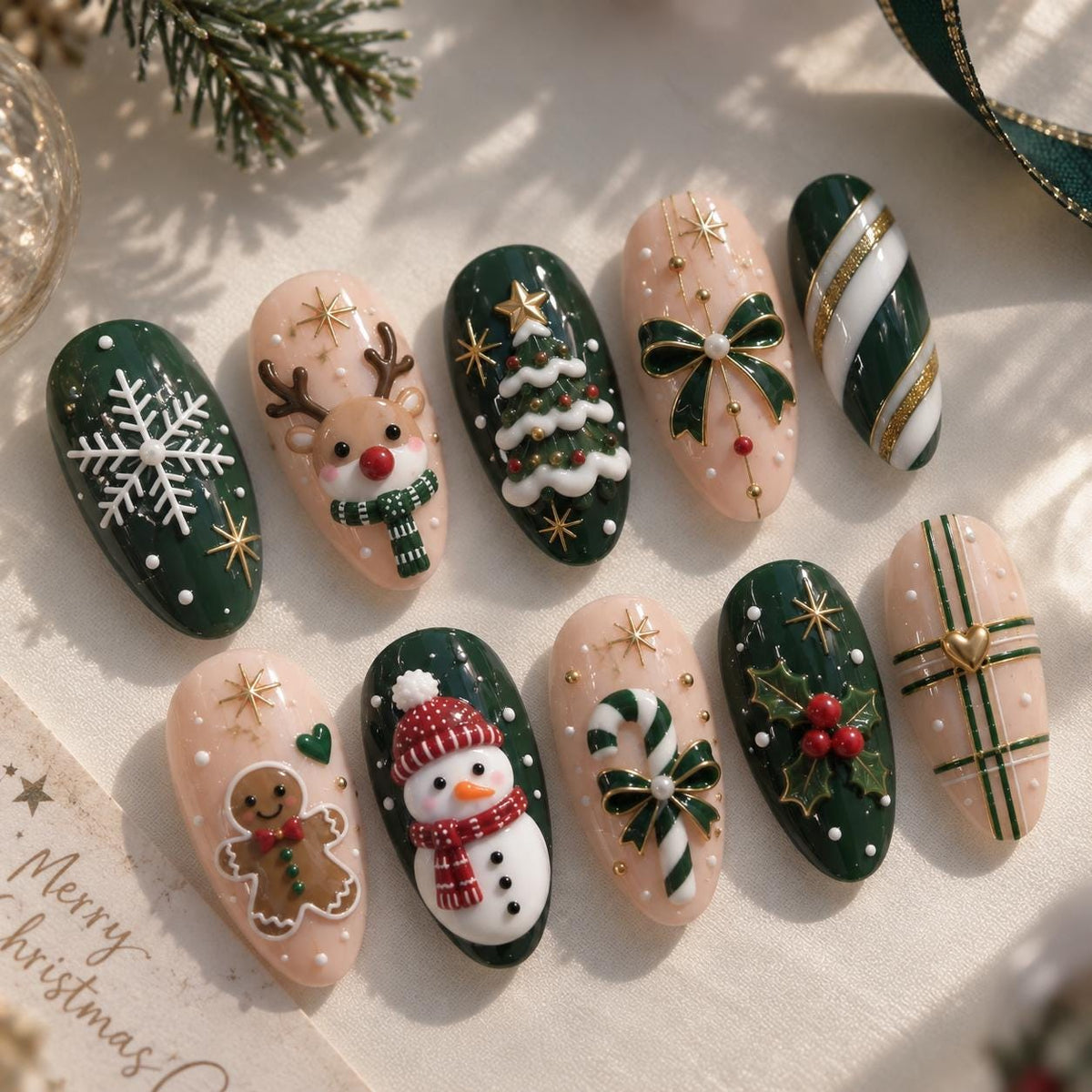 Green Christmas Nail Set With Reindeer, Snowman, Bows and Candy Cane Details