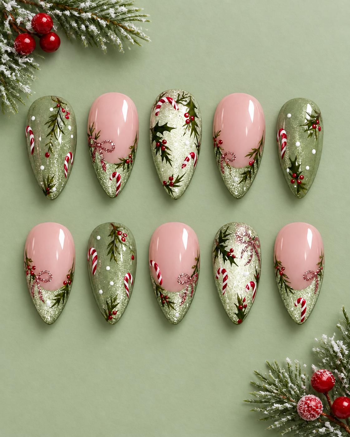 Green Christmas Press-On Nails With Candy Canes, Holly and Shimmering Tips