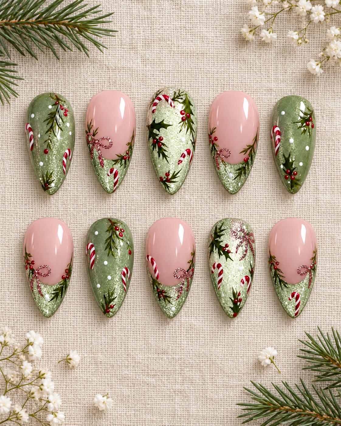 Green Christmas Press-On Nails With Candy Canes, Holly and Shimmering Tips