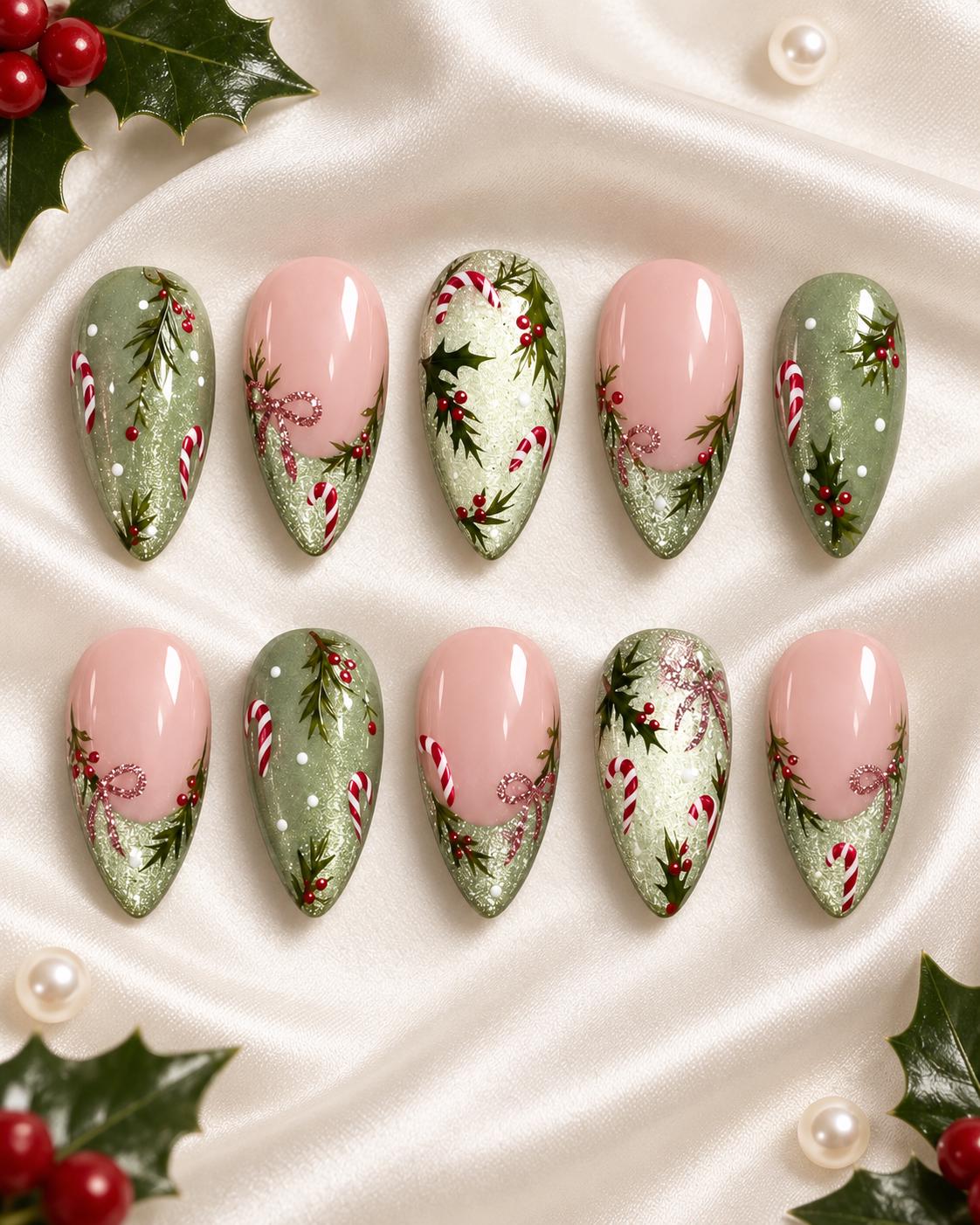 Green Christmas Press-On Nails With Candy Canes, Holly and Shimmering Tips