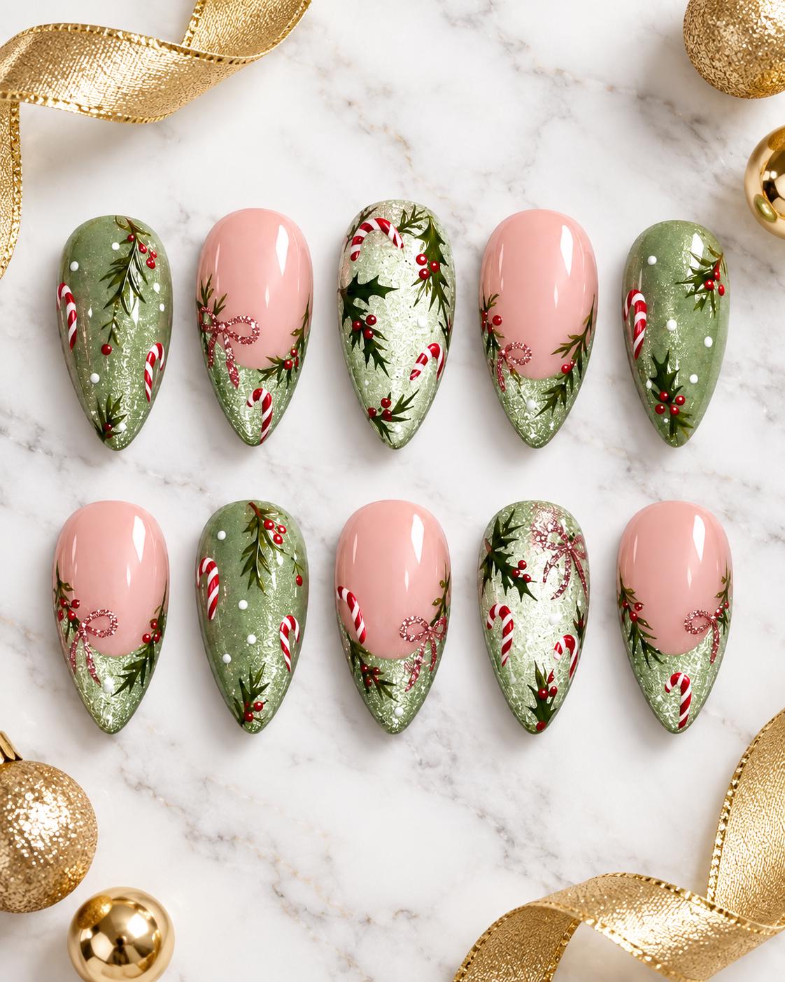 Green Christmas Press-On Nails With Candy Canes, Holly and Shimmering Tips