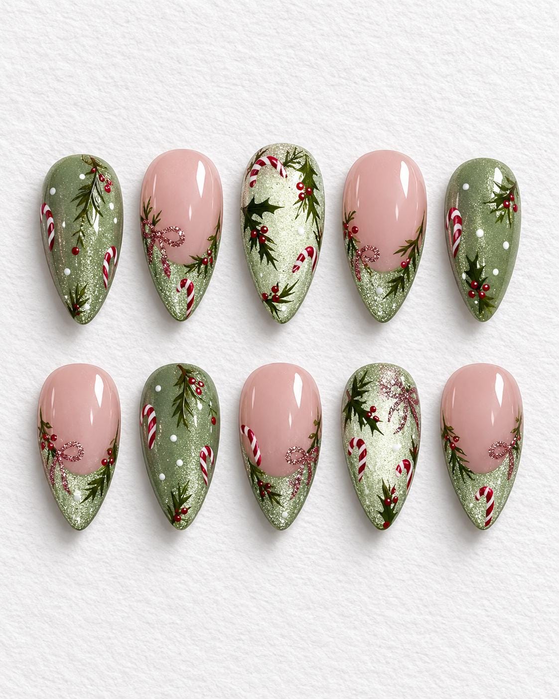 Green Christmas Press-On Nails With Candy Canes, Holly and Shimmering Tips