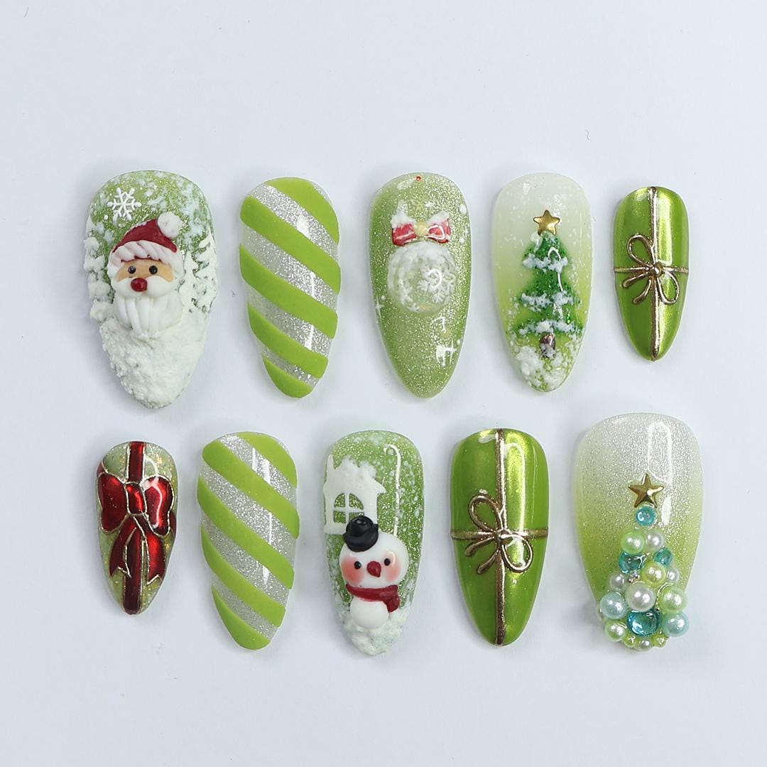 Green Christmas Press On Nails With Santa, Snowman, Trees and 3D Bows