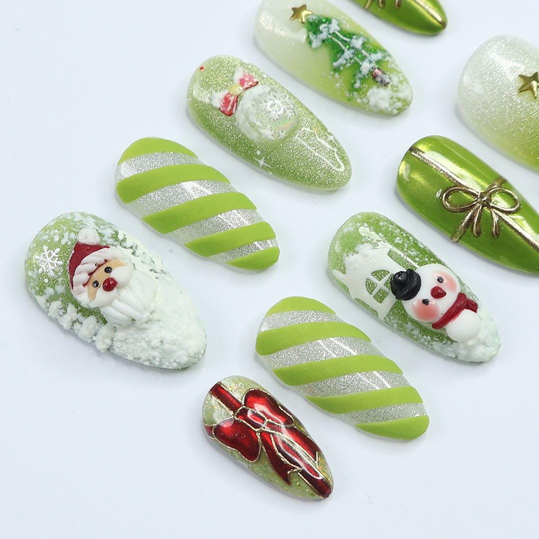 Green Christmas Press On Nails With Santa, Snowman, Trees and 3D Bows