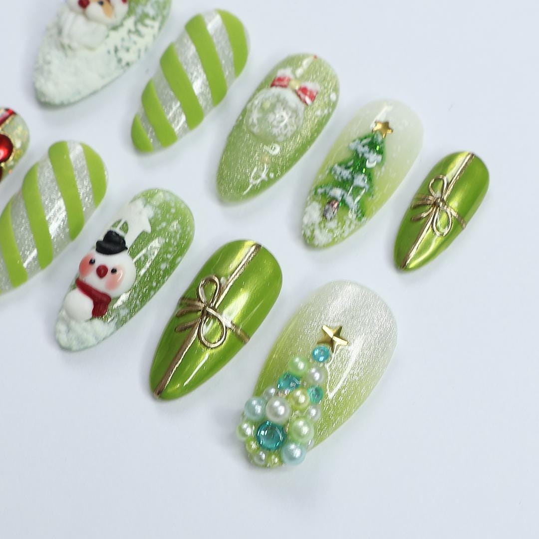 Green Christmas Press On Nails With Santa, Snowman, Trees and 3D Bows