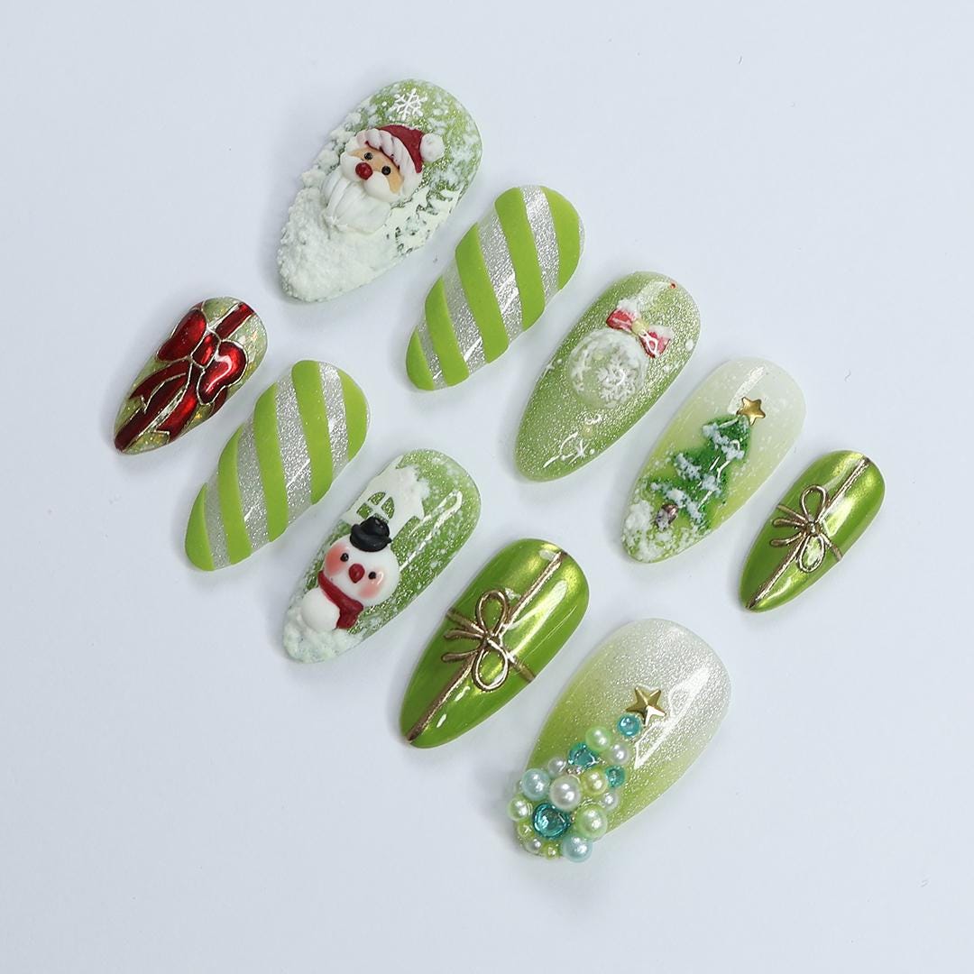 Green Christmas Press On Nails With Santa, Snowman, Trees and 3D Bows
