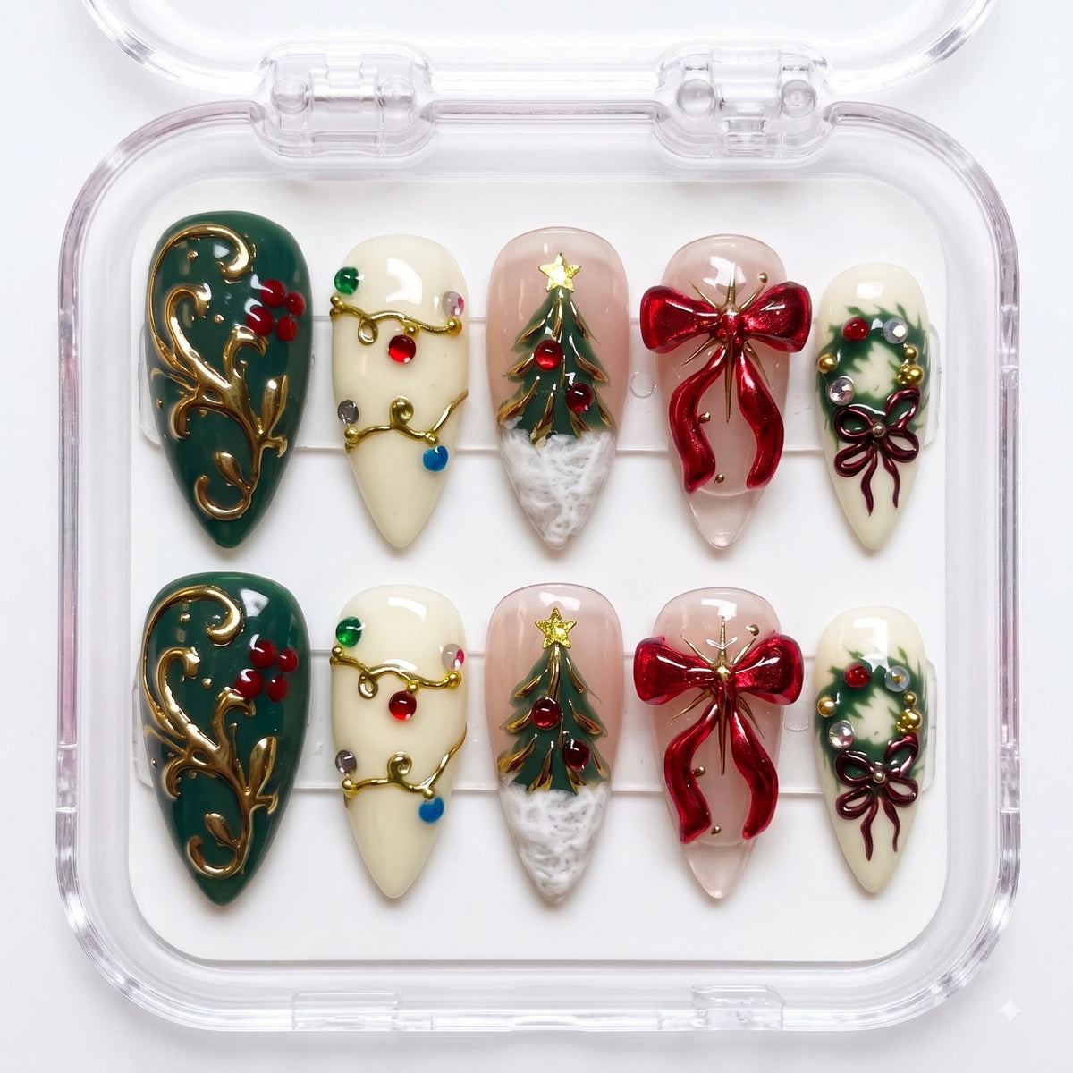 Green Christmas Tree and Holly Press On Nails with Red Bows and Gold Details
