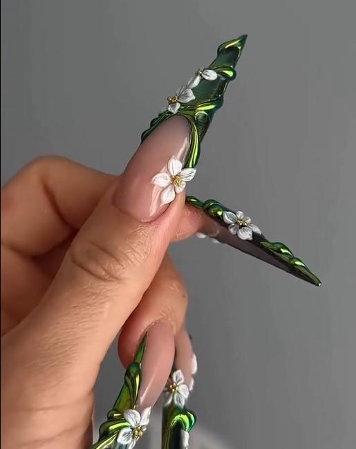 Green Chrome and 3D White Flower Press-On Nails