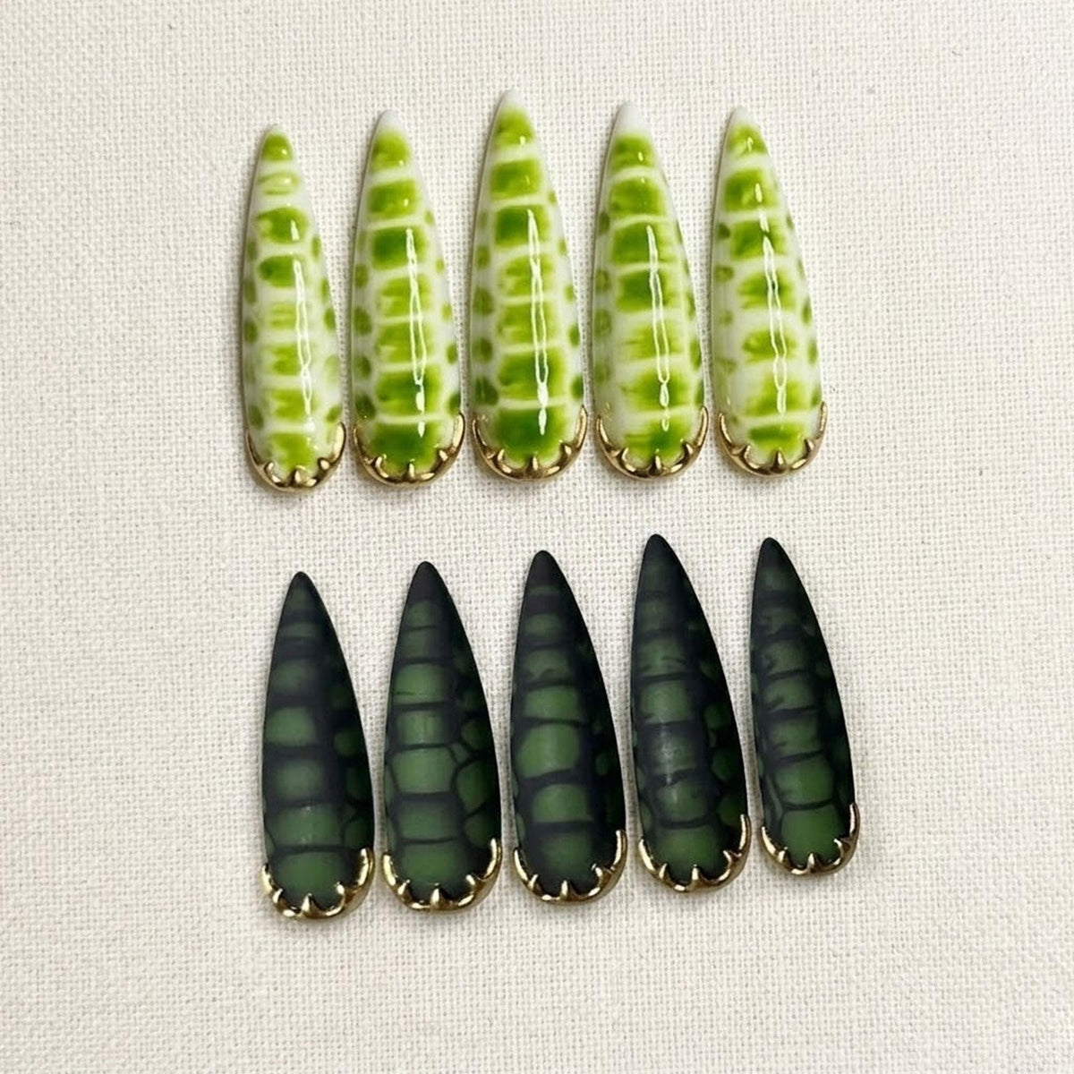 Green Crocodile Scale Press-On Nail Set With Gold-Toned Base Trim