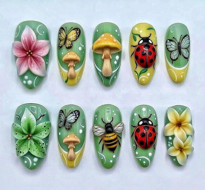 Green Forest Garden Press-On Nails With Butterflies, Bees, Mushrooms and Flowers