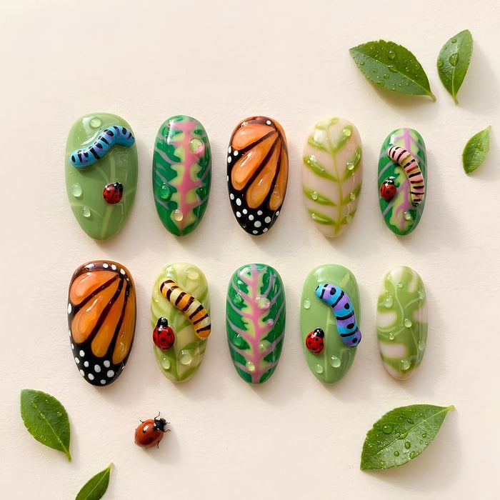 Green Garden Insect Press On Nails with Monarch Wing Art, Caterpillars and Ladybugs