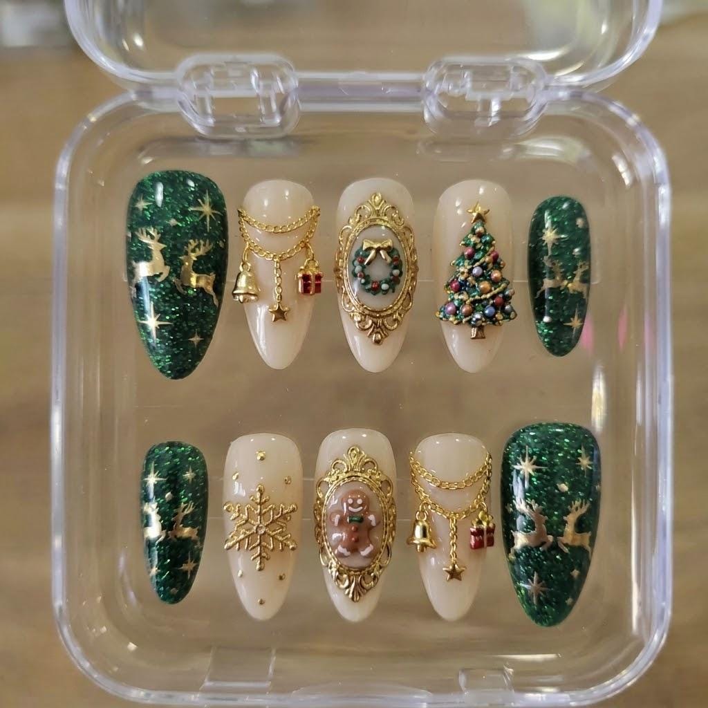 Green Glitter and Gold 3D Christmas Nail Set with Wreath, Tree and Reindeer