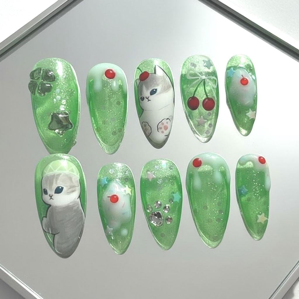 Green Glitter Cat and Cherry Press-On Nail Set with Silver Paw-Print Details and Charm