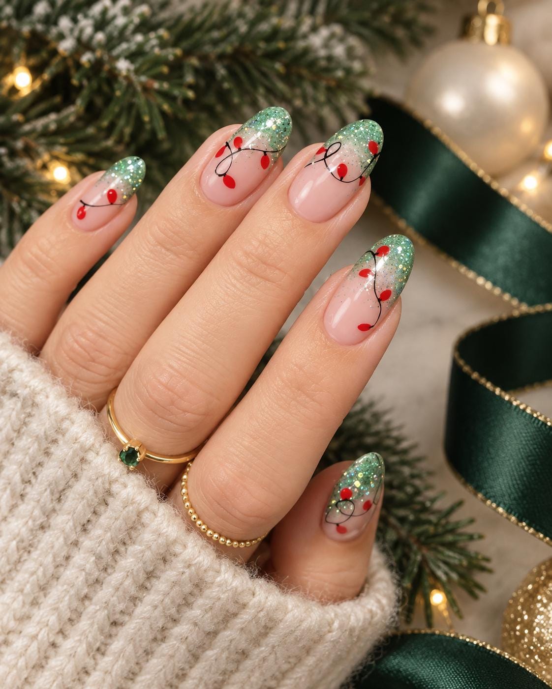 Green Glitter French Tip Christmas Light Press On Nails