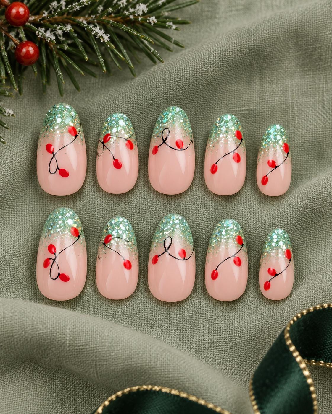 Green Glitter French Tip Christmas Light Press On Nails