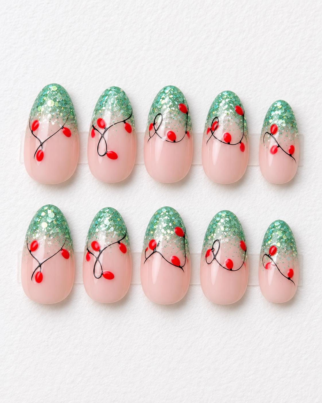 Green Glitter French Tip Christmas Light Press On Nails