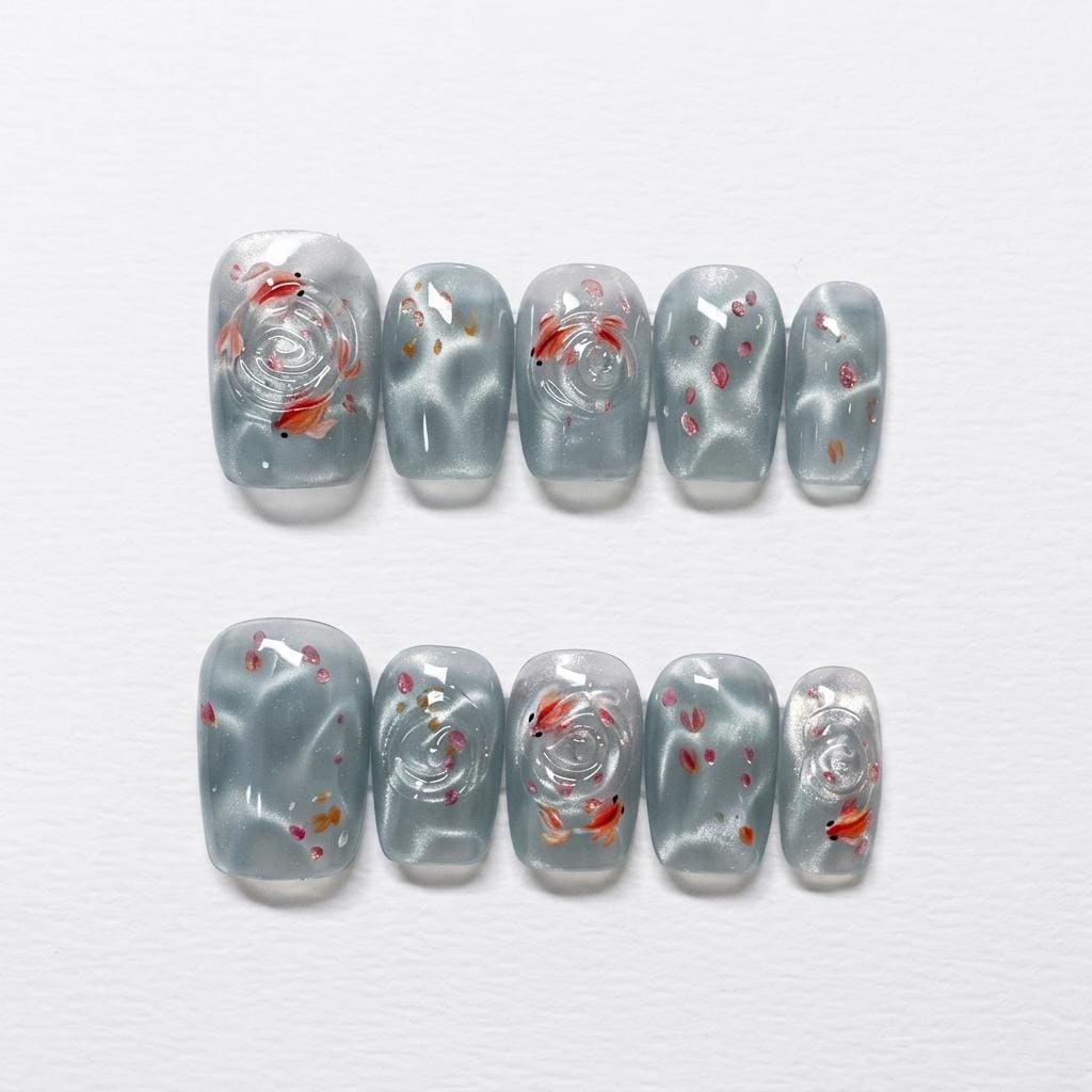 Grey-Blue Cat-Eye Goldfish Press-On Nails With 3D Water Ripples