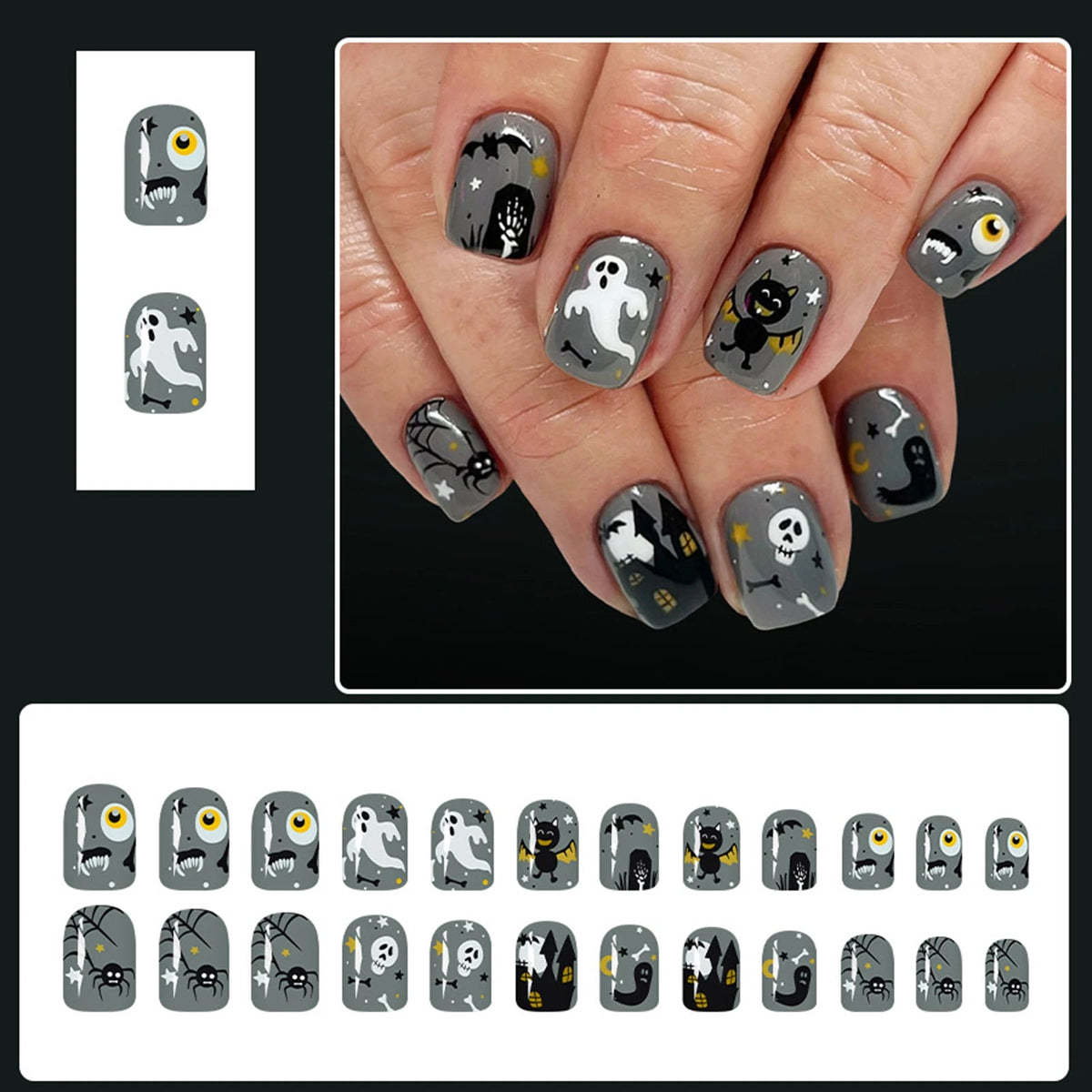 Grey Halloween Nails with Ghosts, Skulls, Spiders and Bats