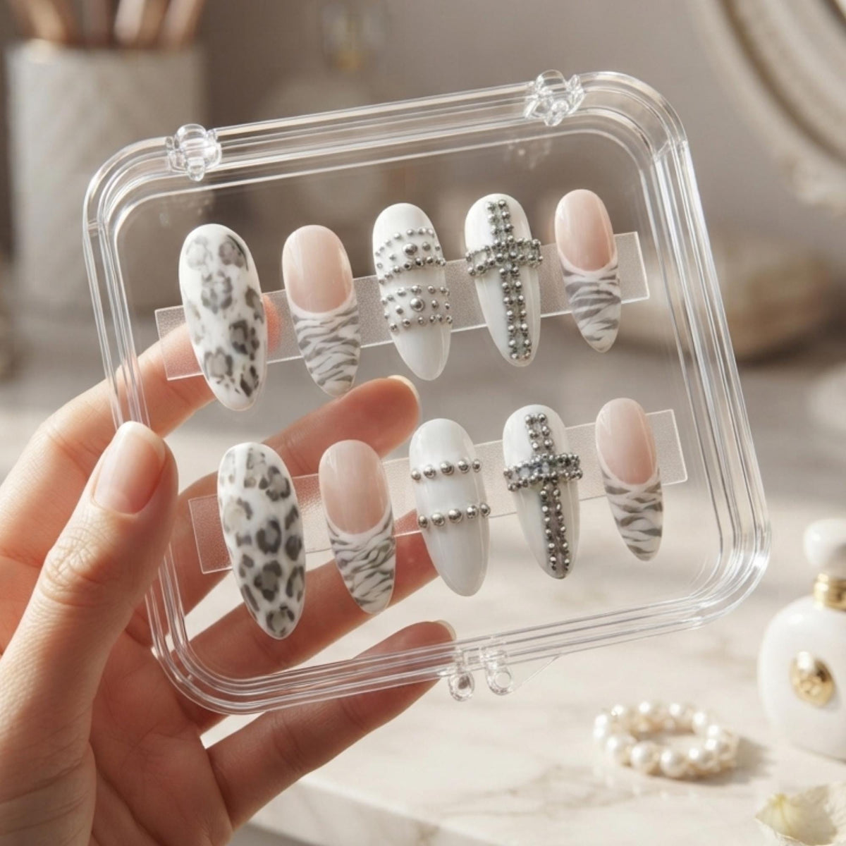 Grey Leopard and Zebra Print Nails with Silver Bead Crosses