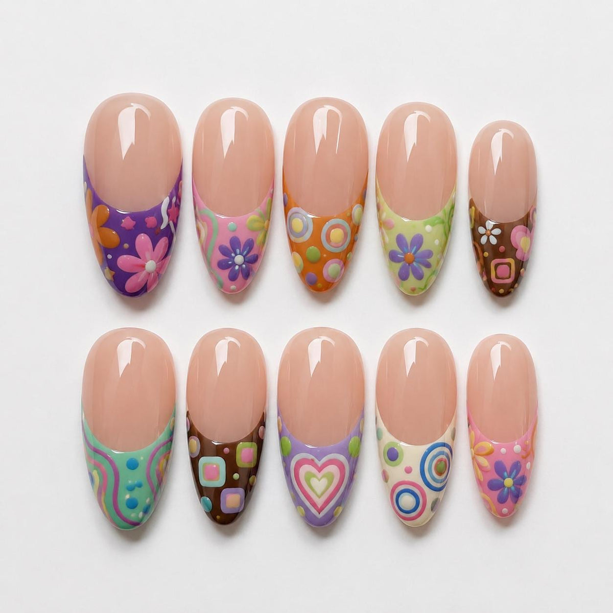 Groovy Y2K Retro French Tip Nails With Flowers, Hearts and Swirls