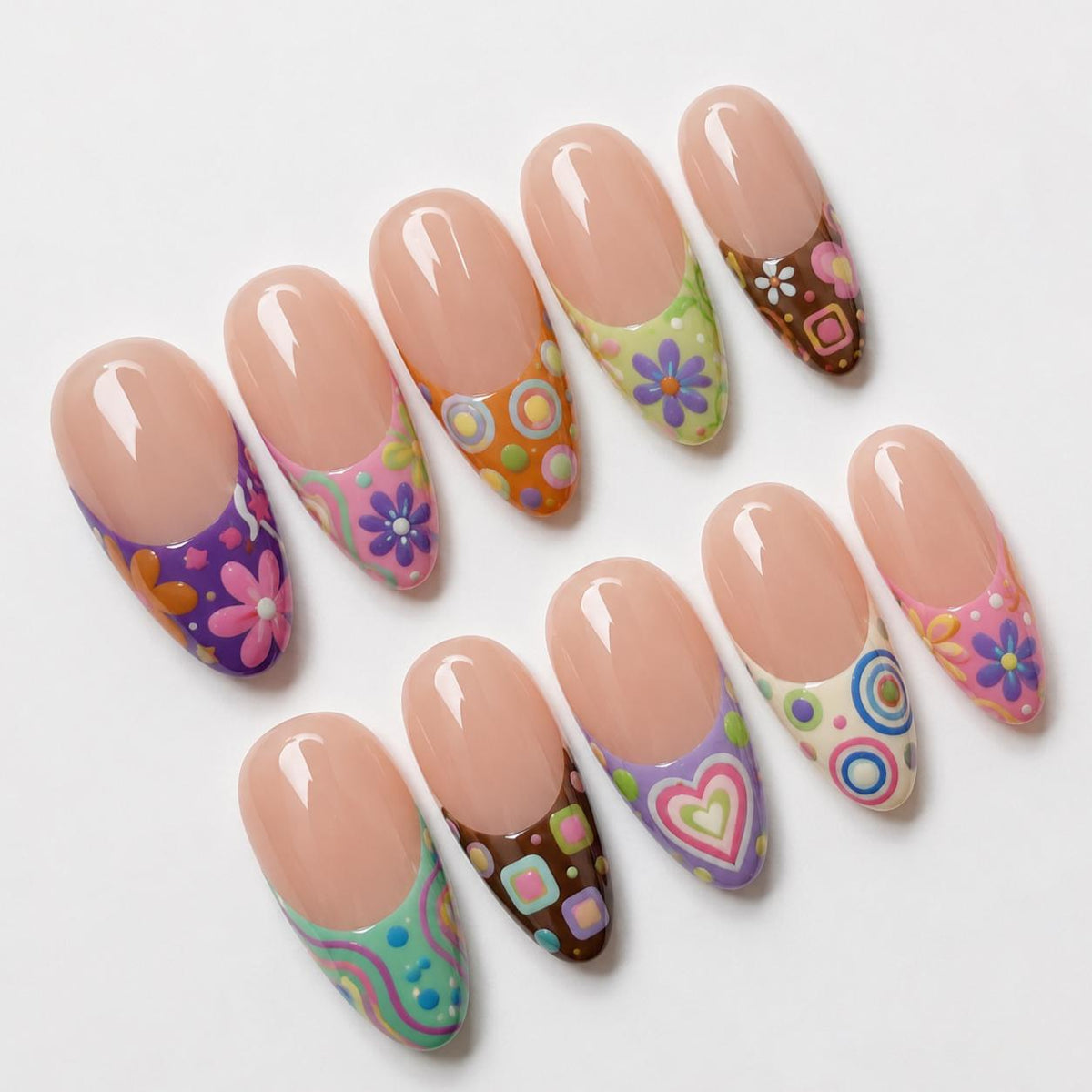 Groovy Y2K Retro French Tip Nails With Flowers, Hearts and Swirls