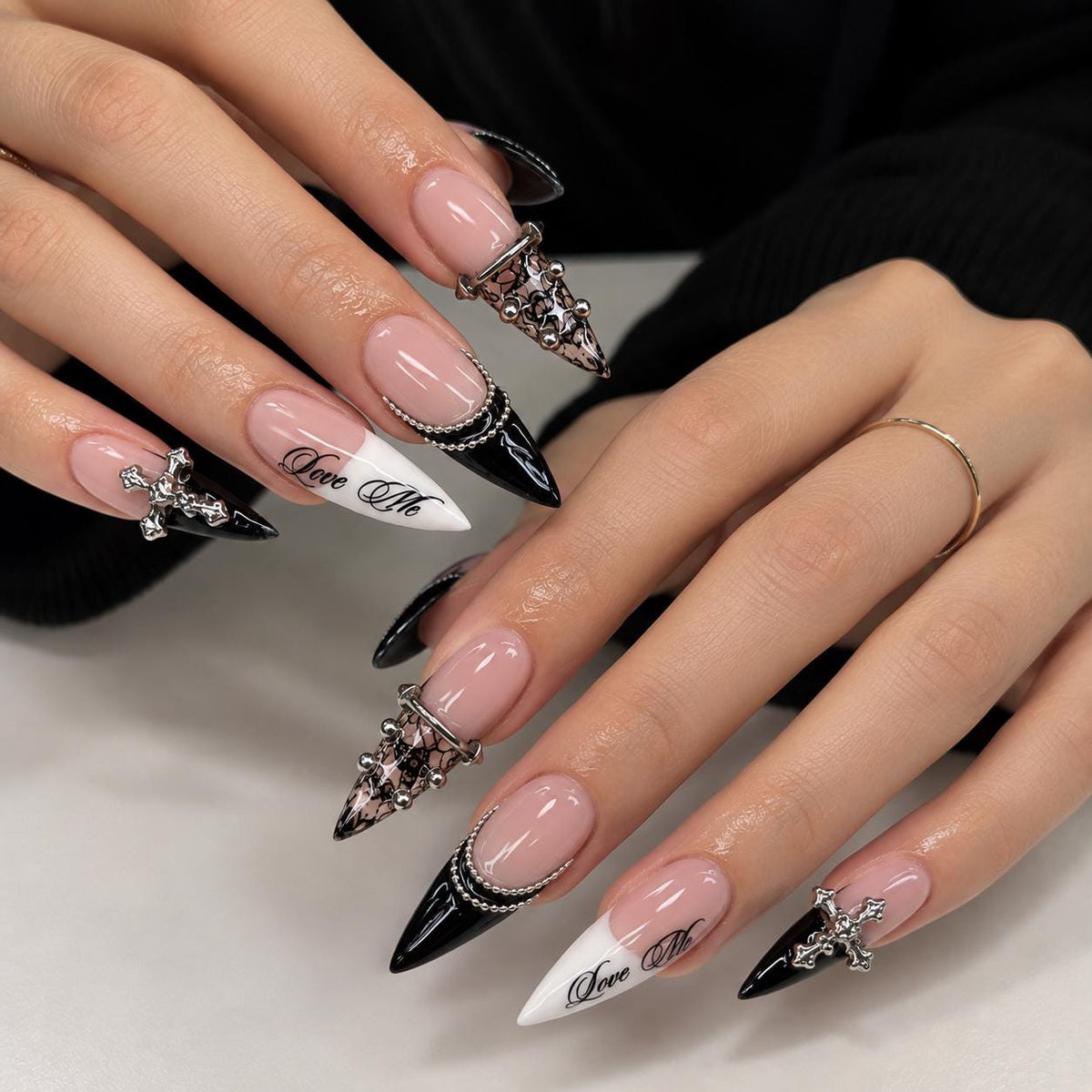 Grunge Gothic Y2K Black and White French Tip Nails With Silver Charms and “Love Me” Script
