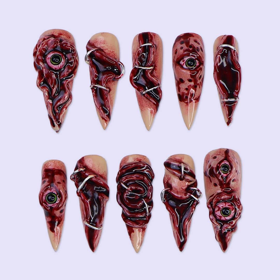 Halloween 3D Horror Eye and Stitched Nail Set in Bloody Red, Black, and Nude