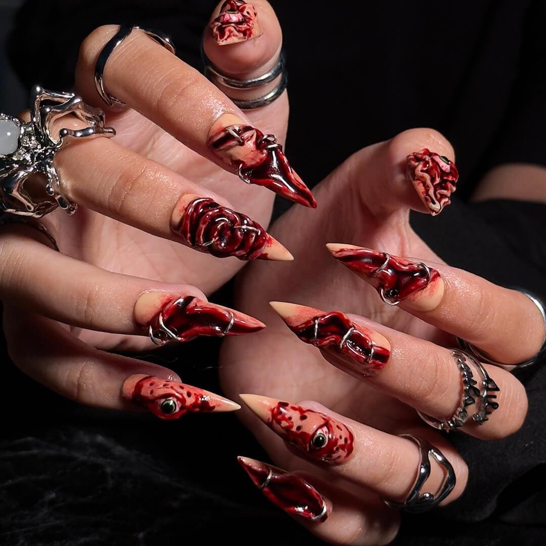 Halloween 3D Horror Eye and Stitched Nail Set in Bloody Red, Black, and Nude
