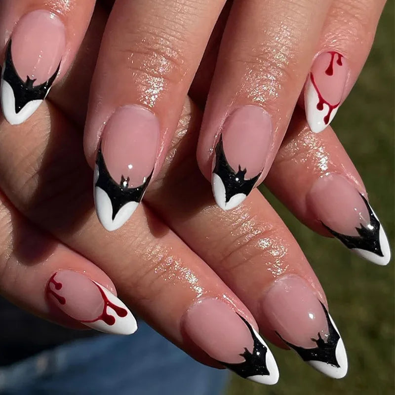 Halloween Bat Wing French Tip Press On Nails With Blood Drip Accents