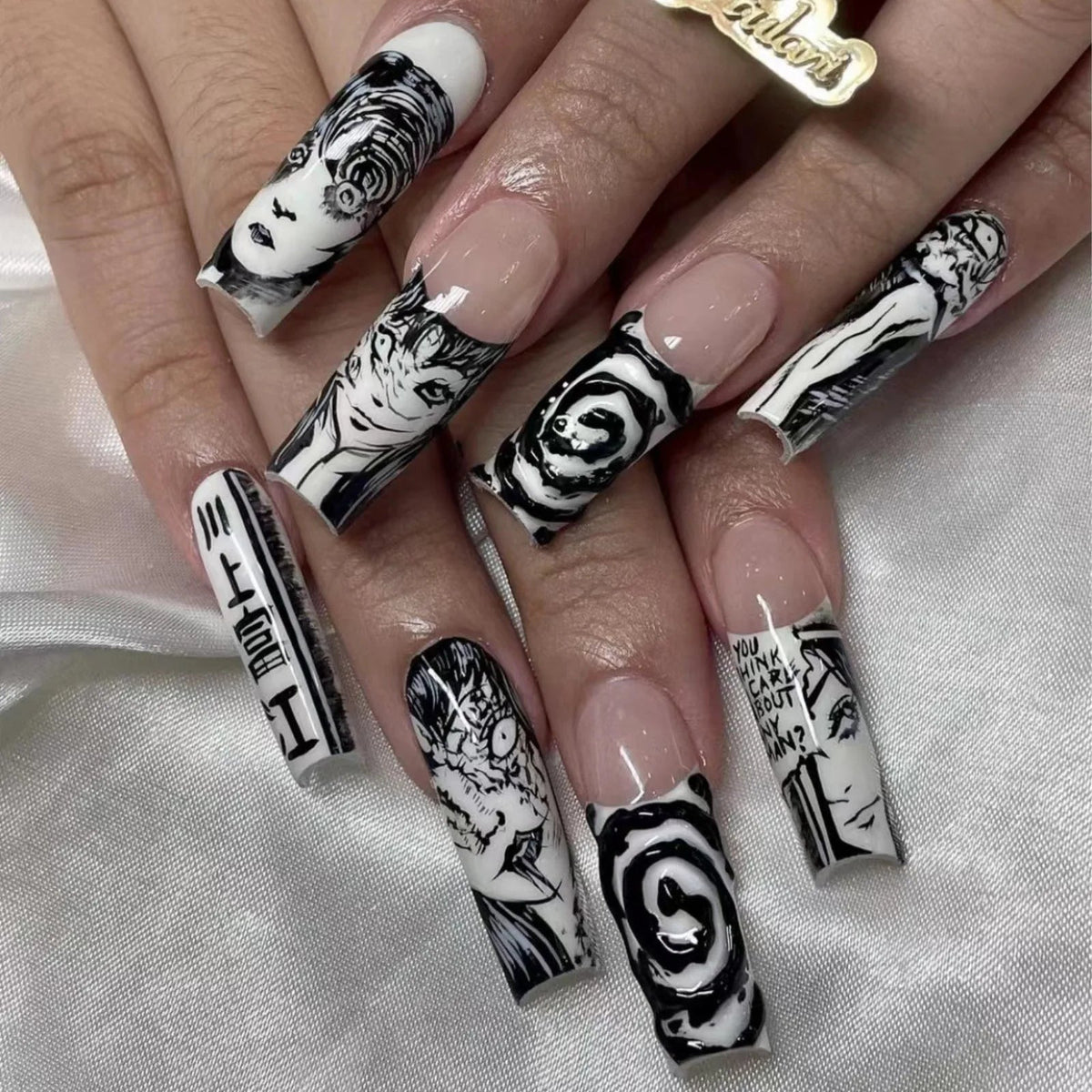 Halloween Black and White Manga Face and Spiral Press On Nails
