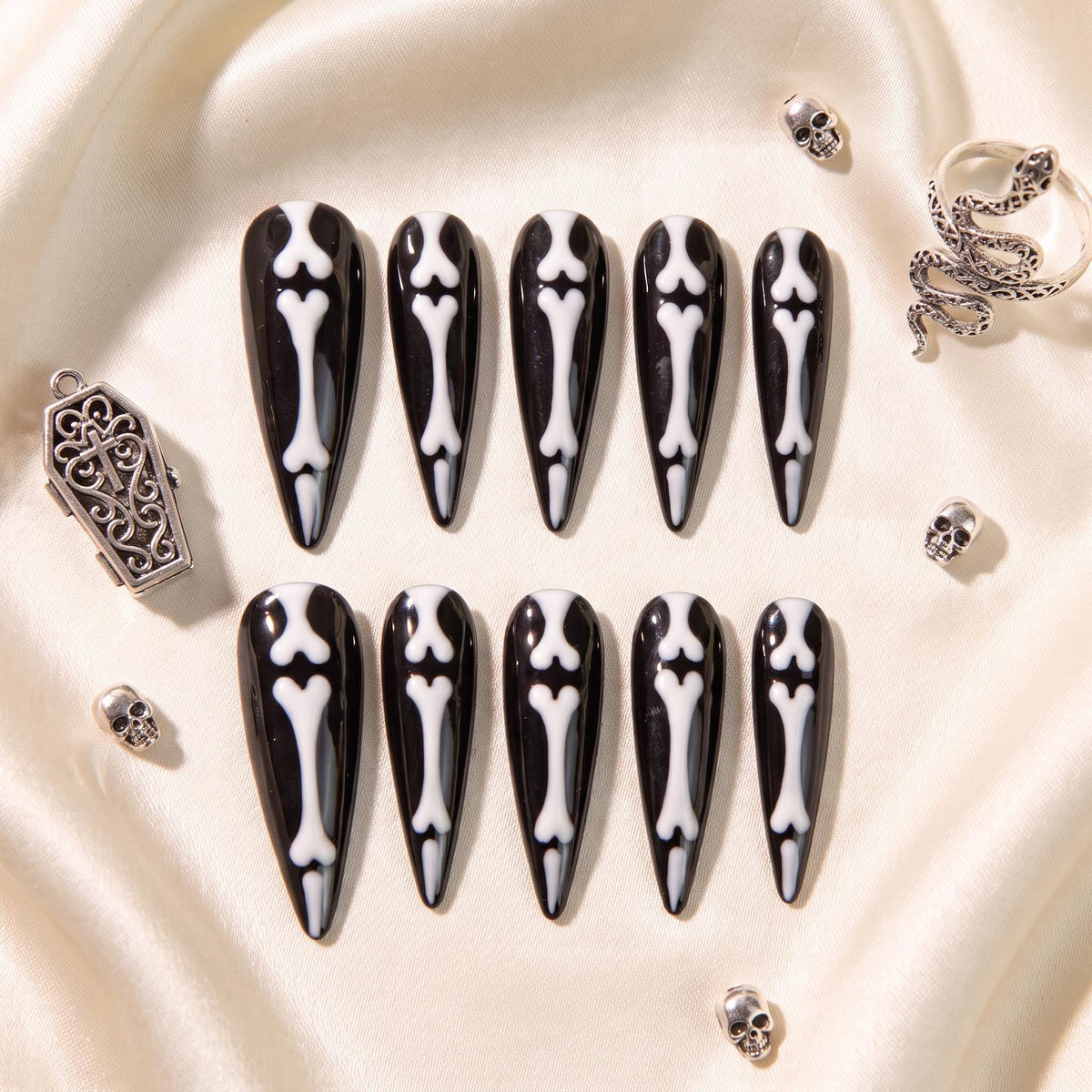 Halloween Black and White Skeleton Bone Press On Nails
