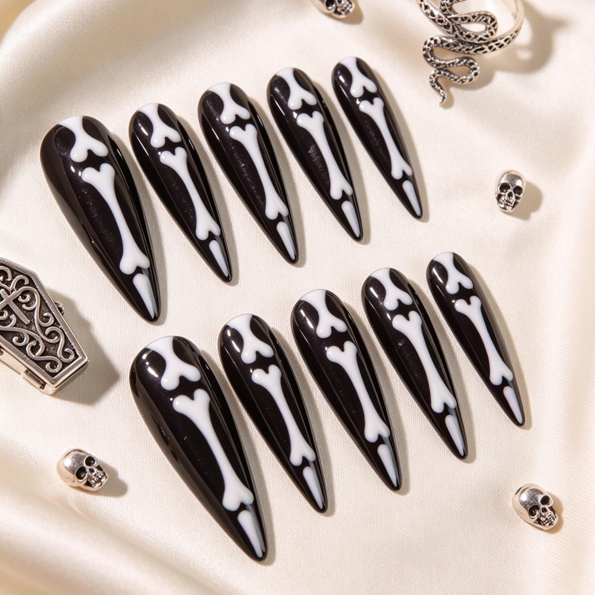 Halloween Black and White Skeleton Bone Press On Nails