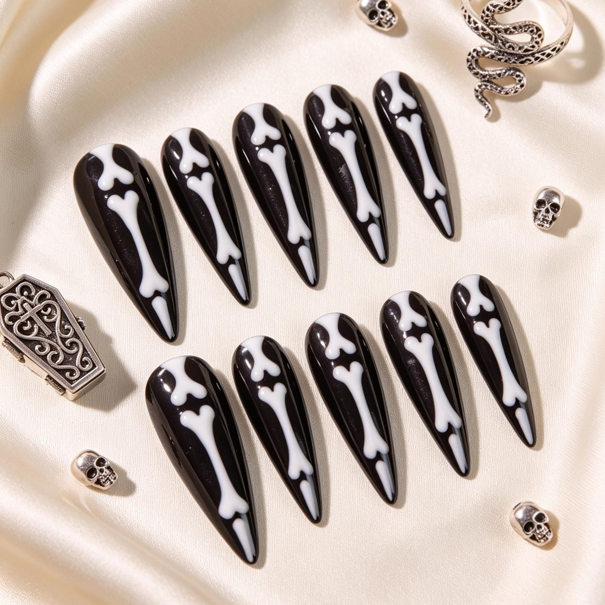 Halloween Black and White Skeleton Bone Press On Nails