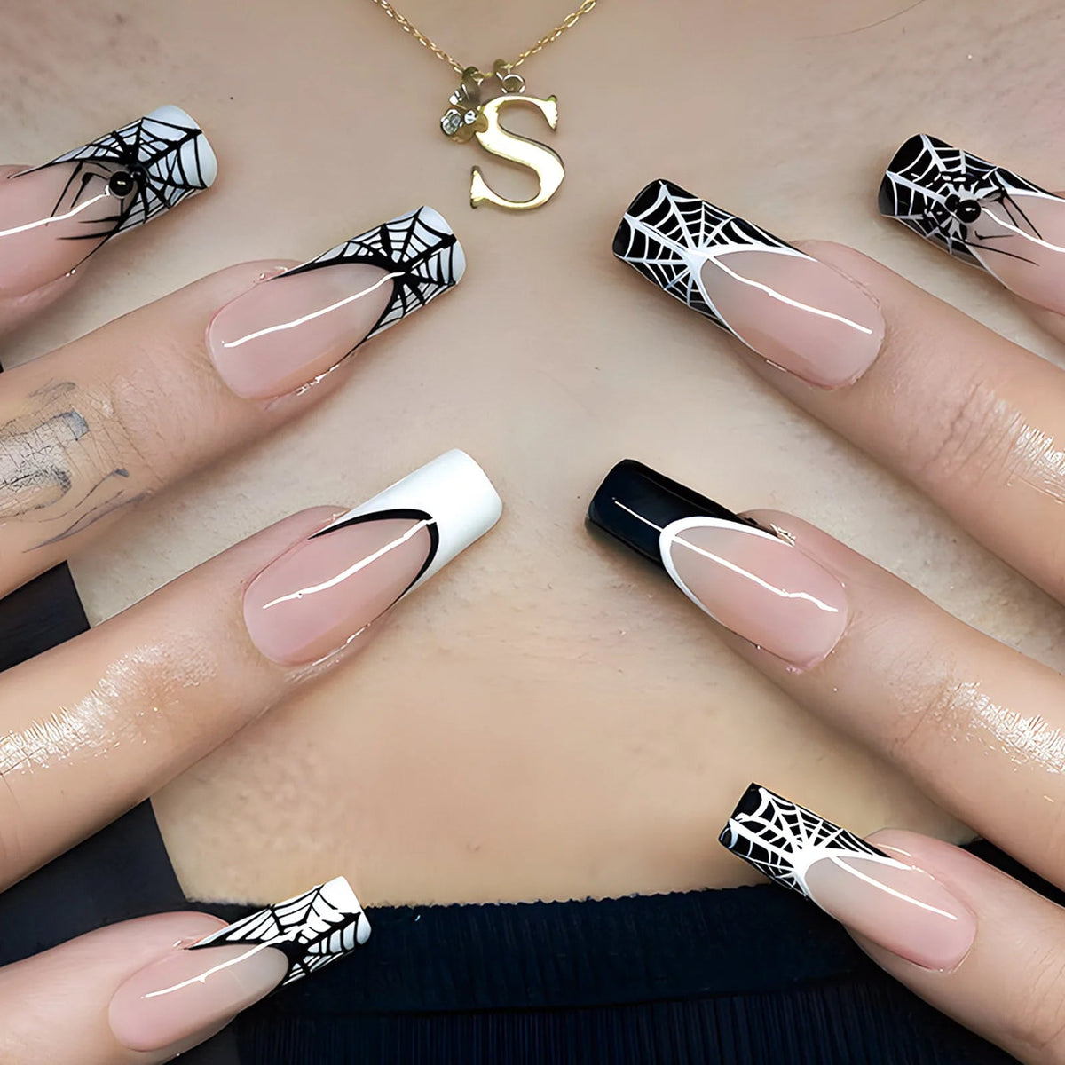 Halloween Black and White Spiderweb French Tip Press On Nails