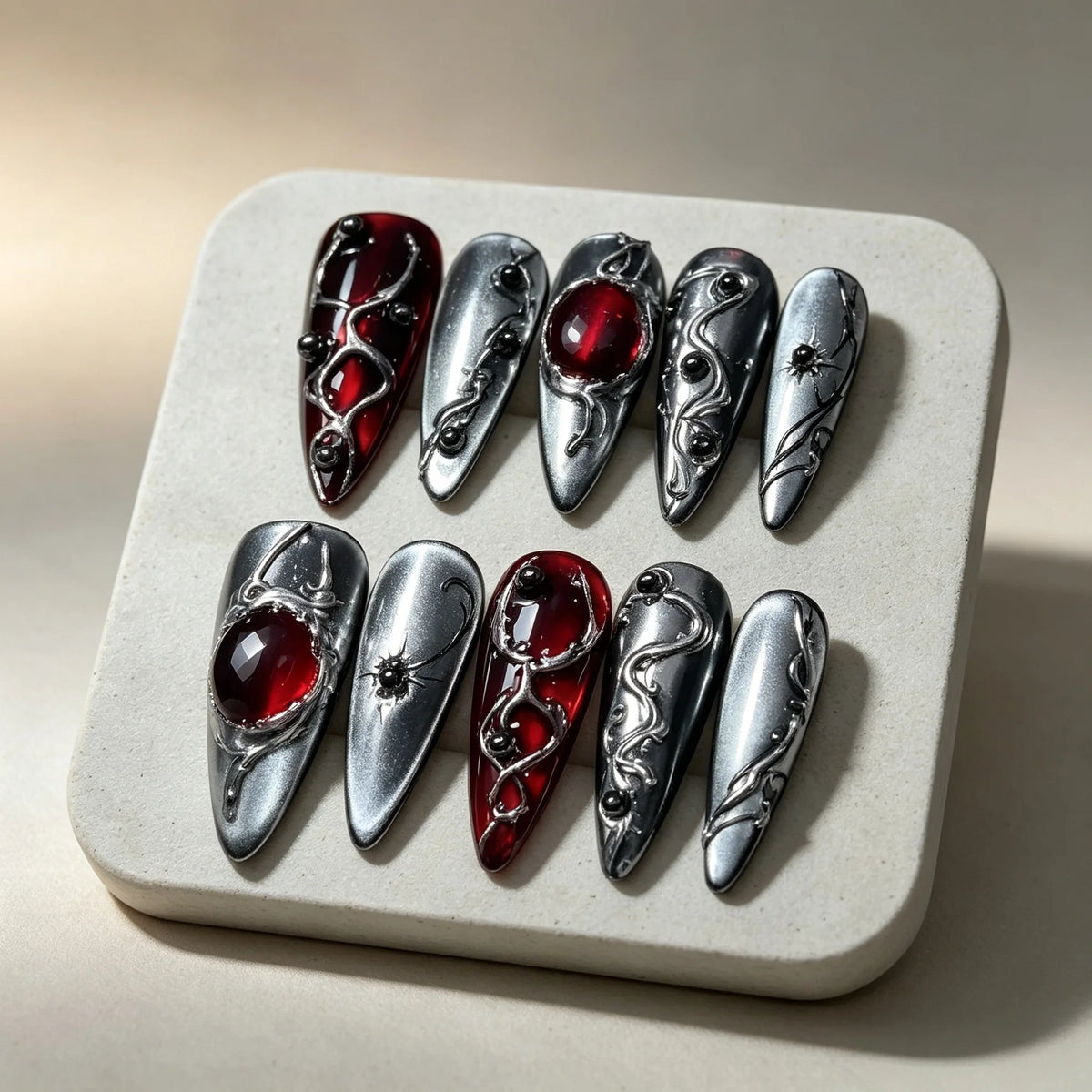 Halloween Blood Red and Silver Chrome Snake & Spider Press On Nails