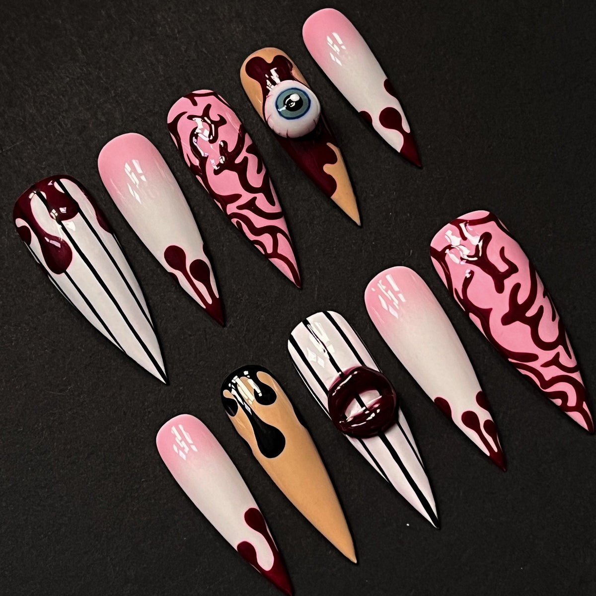 Halloween Bloody Eye Press On Nails with Blood Drips and Raised 3D Details