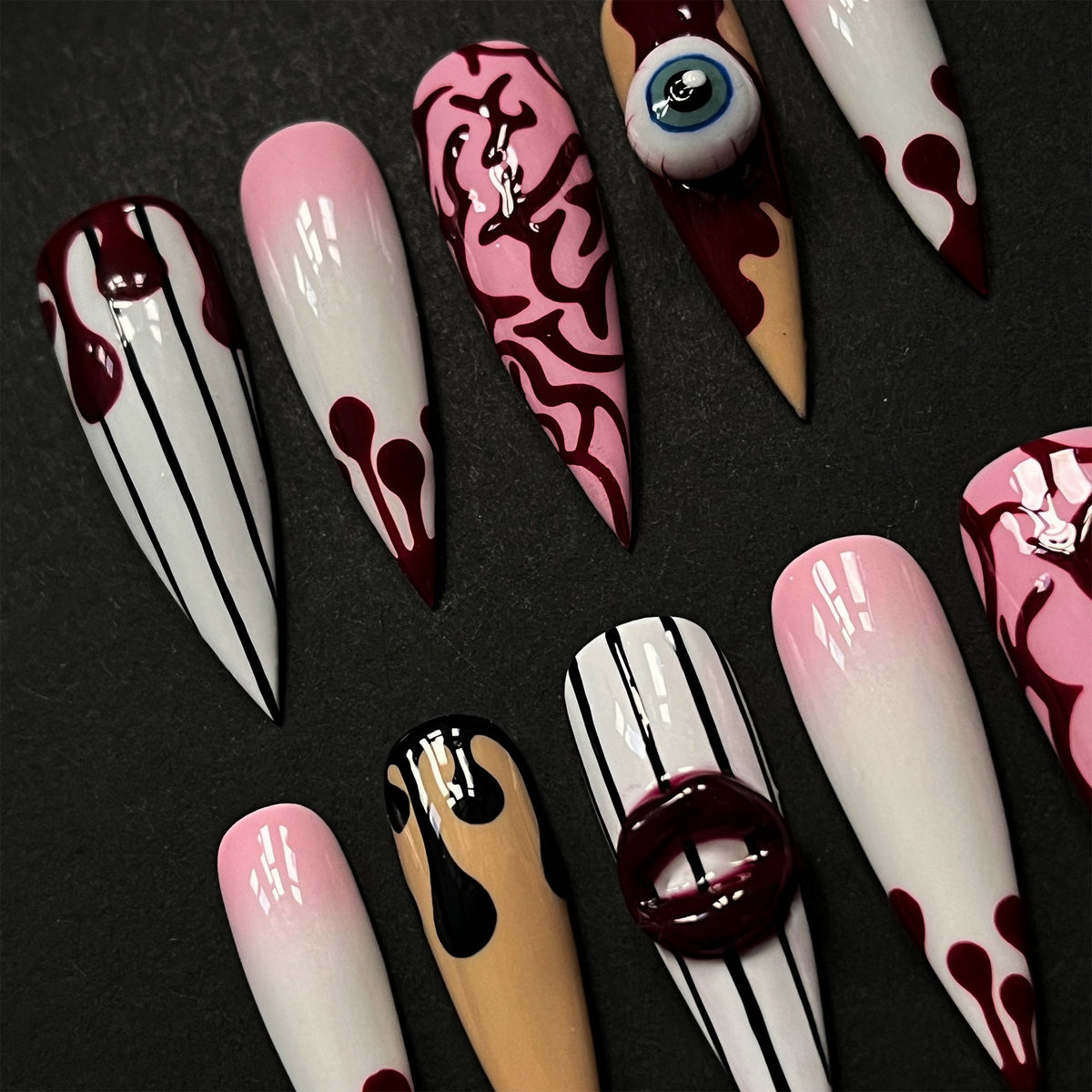 Halloween Bloody Eye Press On Nails with Blood Drips and Raised 3D Details