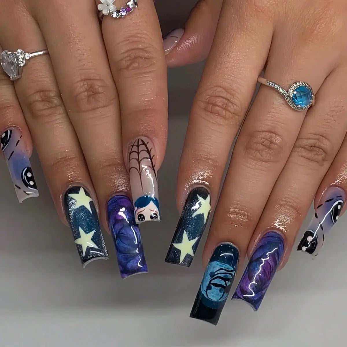 Halloween Blue Star Graffiti Press-On Nail Set With Spiderwebs and Swirling Details