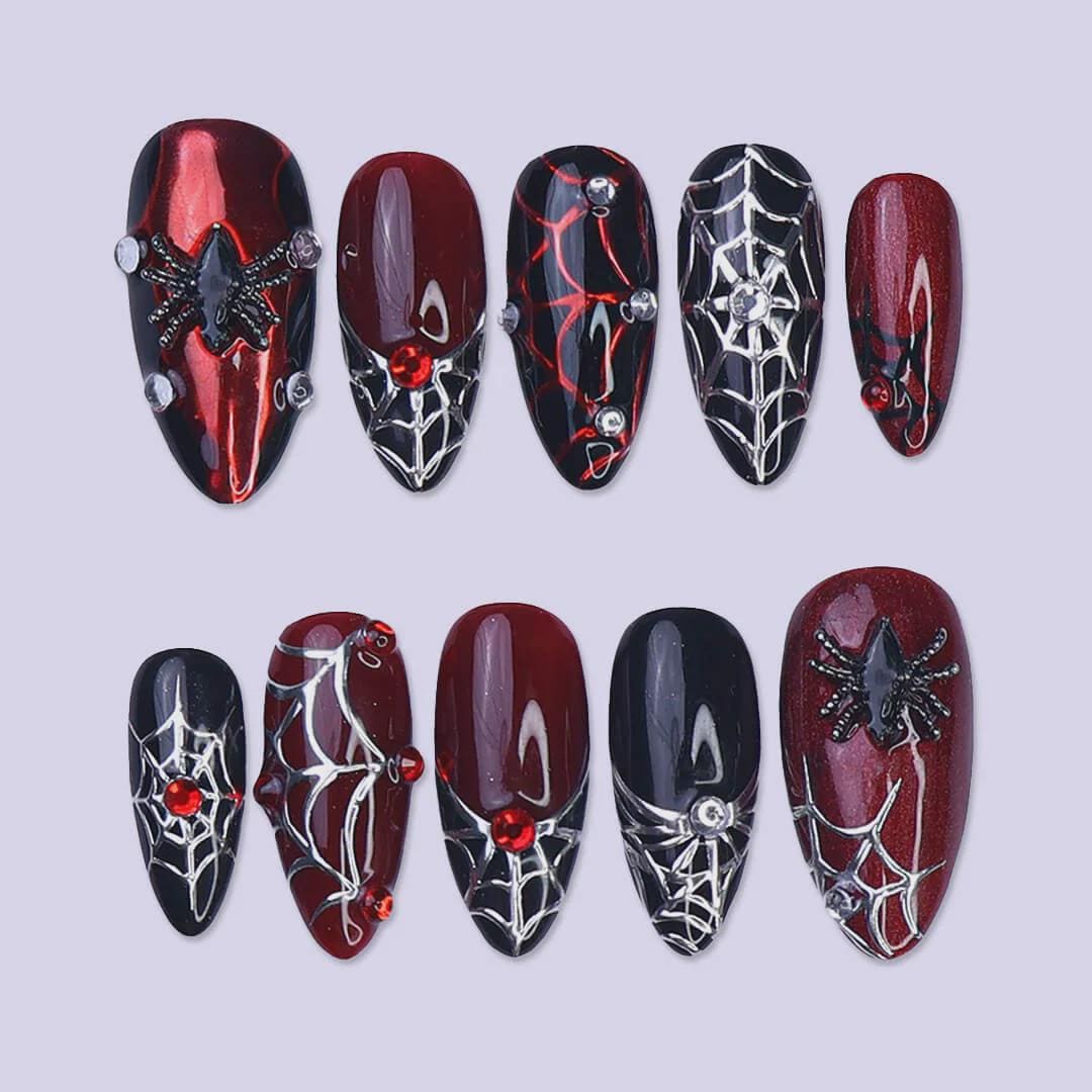 Halloween Burgundy, Black and Silver Spiderweb Press-On Nail Set