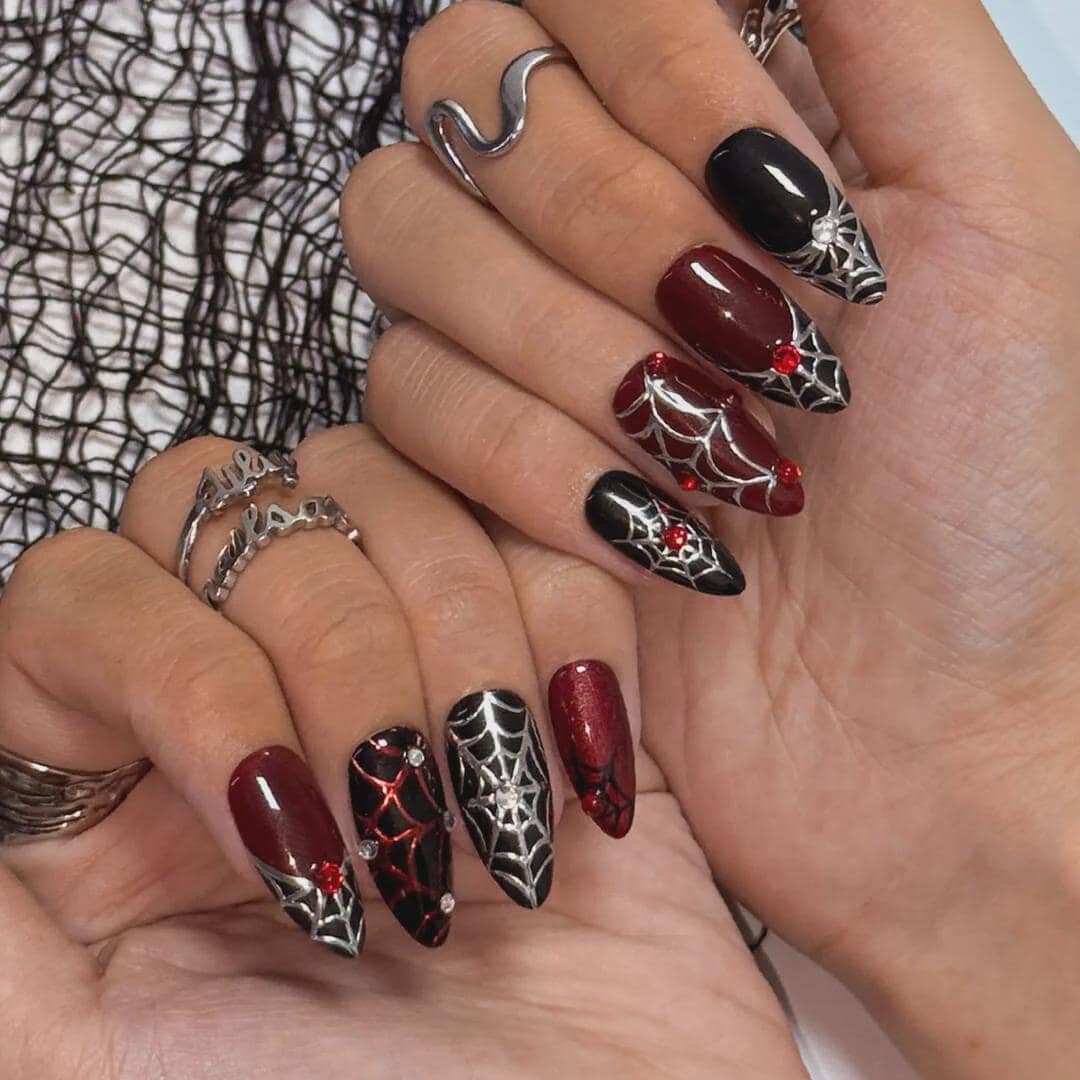 Halloween Burgundy, Black and Silver Spiderweb Press-On Nail Set