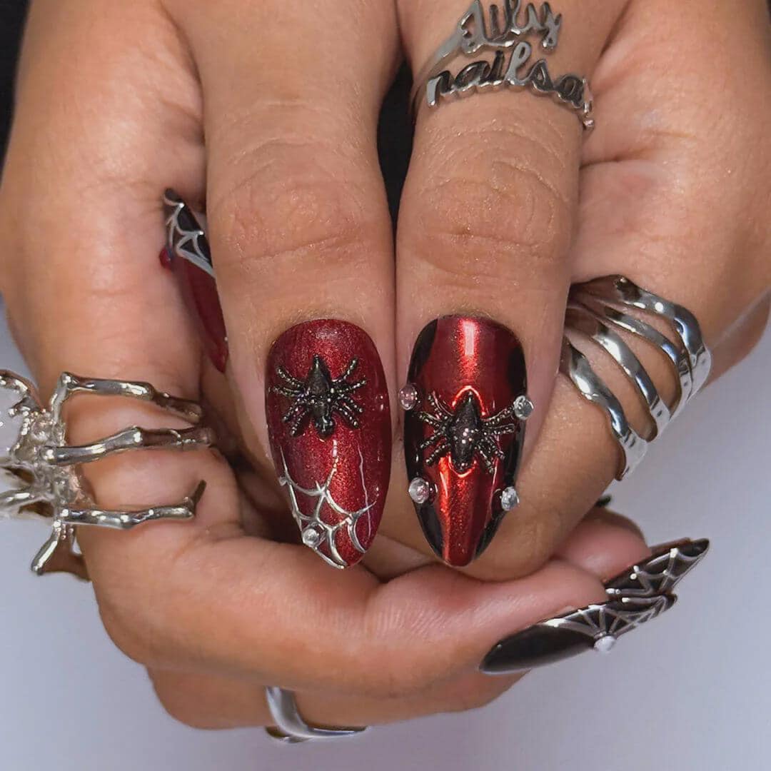 Halloween Burgundy, Black and Silver Spiderweb Press-On Nail Set