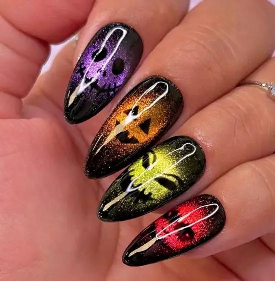 Halloween Cat Eye Nails With Colorful Spooky Faces