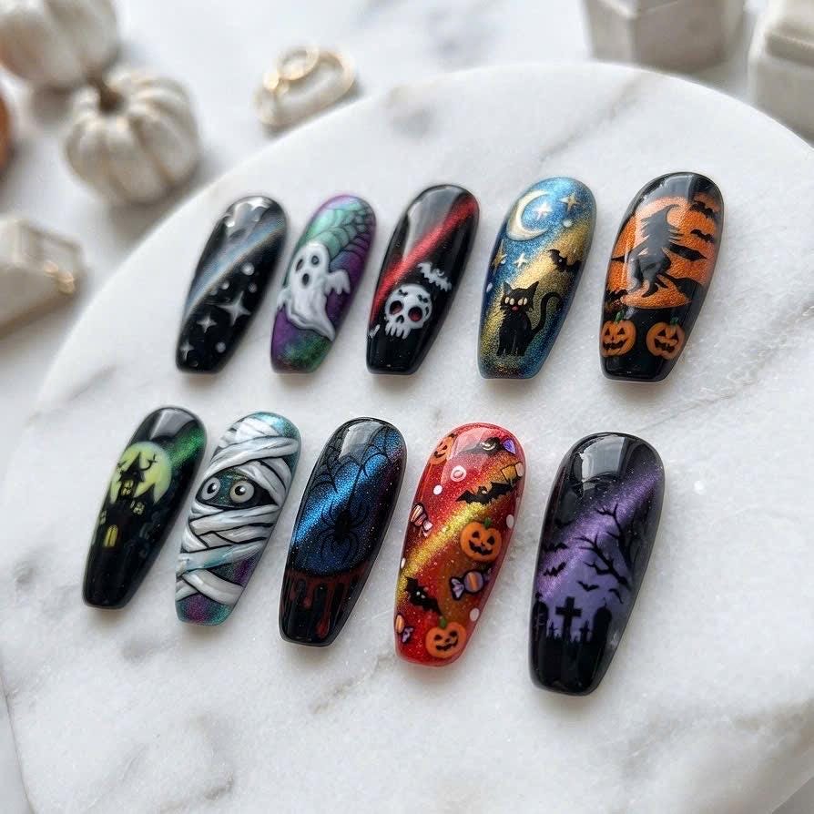 Halloween Cat Eye Nails With Ghosts, Skulls, Pumpkins and Spooky Night Scenes